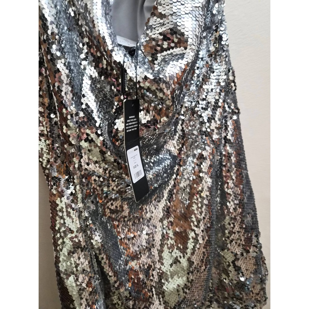 Fashion Nova Silver Sequin Mini Dress Halter Cowl Neck Party Clubwear XL L - Picture 2 of 2